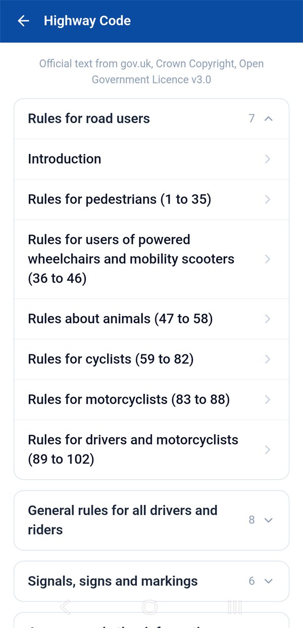 The Highway Code sections in the Drive My Way app