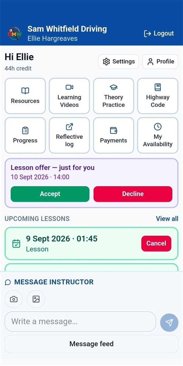 Pupil home screen with a lesson offer, upcoming lessons and hours of credit