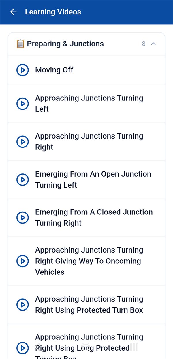 Learning videos grouped by topic in the Drive My Way app