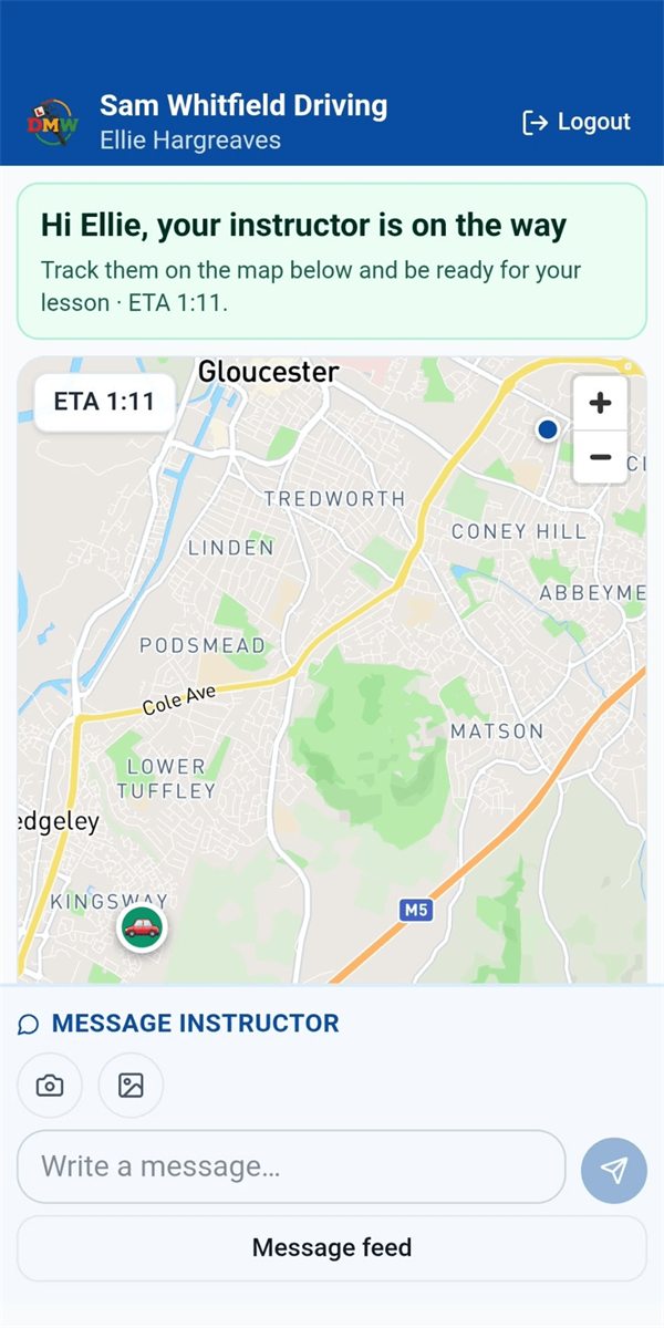 The Drive My Way app showing the instructor on the way on a live map
